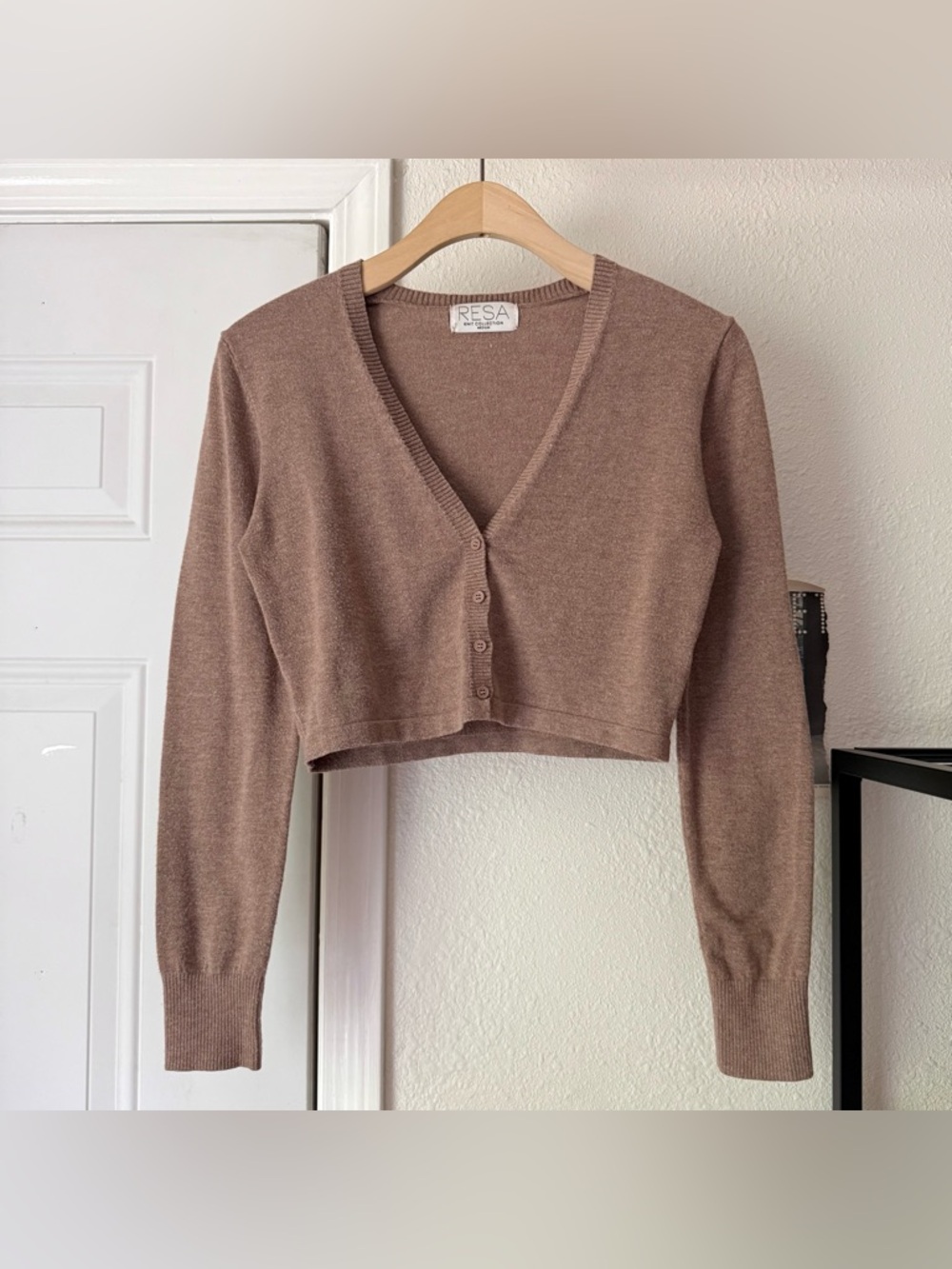 RESA taupe tan soft brushed knit cropped long sleeve button up cardigan sweater